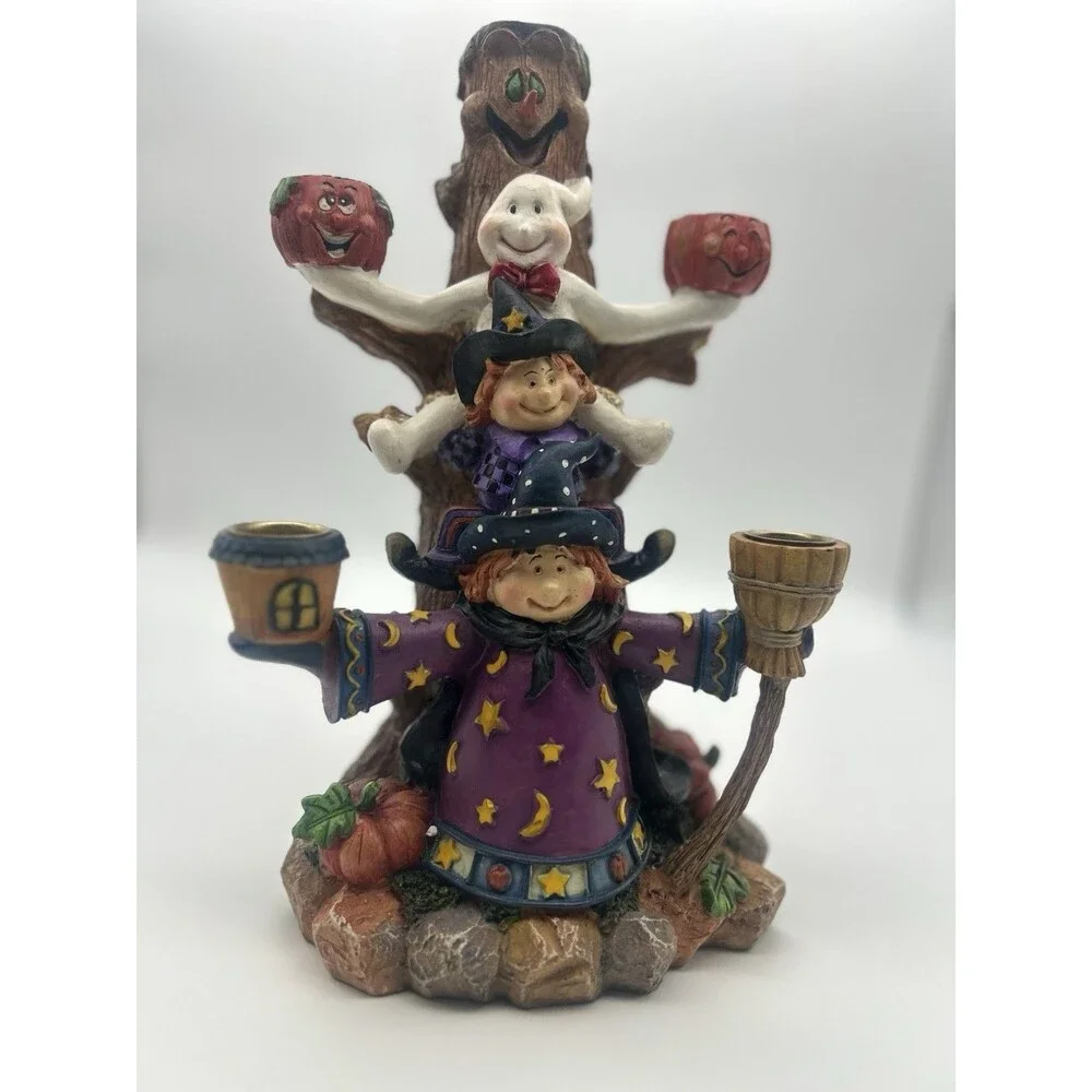 Halloween Candelabra 5 Candle Holders Witch Ghost Tree Jack-o-lanterns Broom
